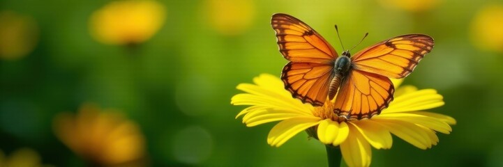 Naklejka premium Intricate orange butterfly on sunny yellow bloom, lush green garden , photography, colorful