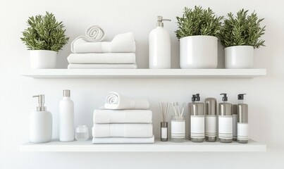 White shelves with towels, toiletries, and plants in a minimalist bathroom