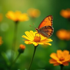 Obraz premium Orange butterfly, brown wings, yellow flower, summer garden, outdoor, summer garden