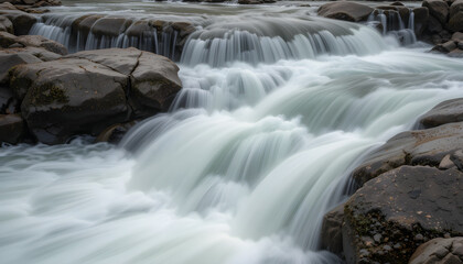 Fototapeta premium Serene Multi-Tiered Waterfall Cascading Over Smooth Rocks in a Natural Stream Setting