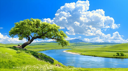 Serene river valley landscape, lone tree, sunny day