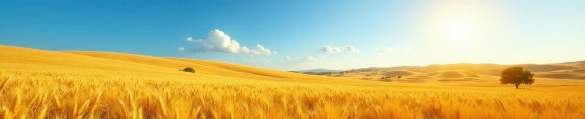 Obraz premium Rolling hills of wheat bathed in sunlight, azure sky above, agriculture, image