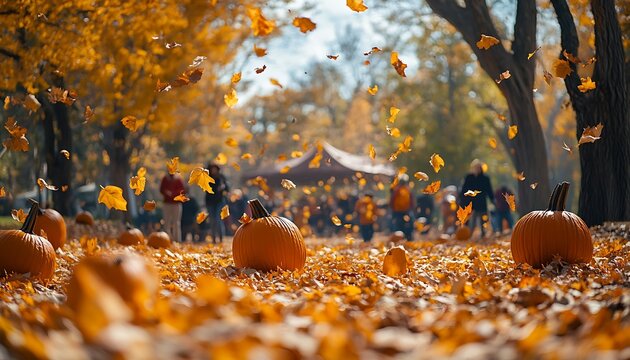 Autumn leaves, pumpkins, and people; fall festival