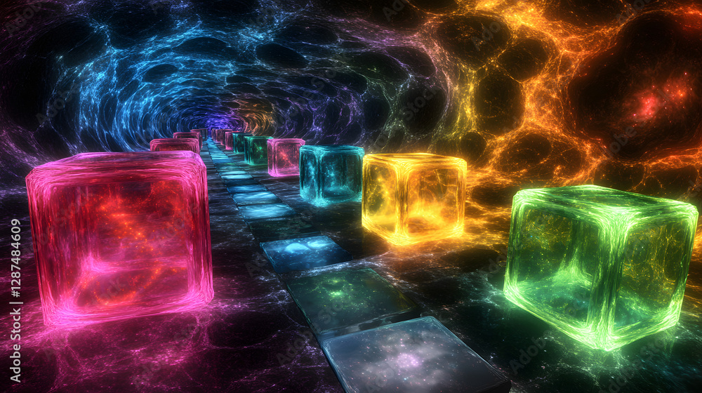 Aufkleber group of geometric cubes arranged in a tunnel illuminated by soft light