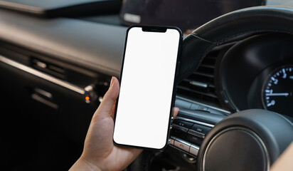 Woman sitting in a private car and hand holding smartphone mockup of blank screen, Take your screen to put on advertising