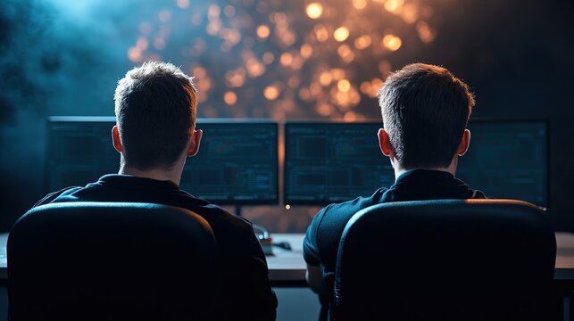 Two Programmers Working Late with Screens Amid a Glowing Background