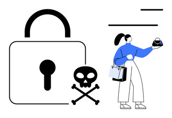 Woman holds handbag with shopping bags in hand, facing padlock and crossed bones. Ideal for cyber security, online safety, consumer awareness, risk management, security threats, e-commerce, privacy