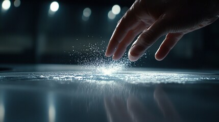 Hand Reaching to Sparkling Water Droplets on Smooth Surface