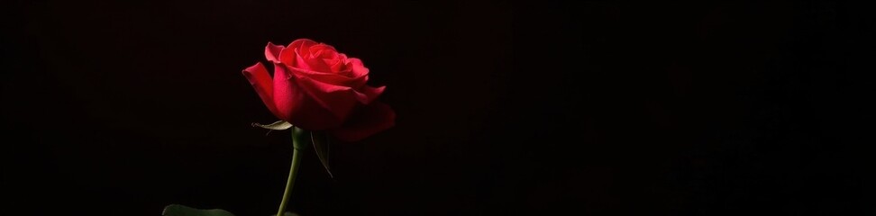 Single, brilliant red rose unfolds dramatically on a deep black background , love, nature