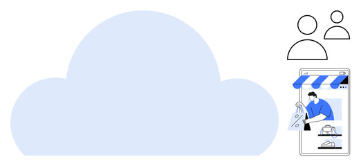 Large cloud, two user icons, smartphone displaying online store with shopping content. Ideal for cloud computing, e-commerce, online shopping, digital business, online transactions, remote storage