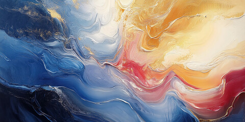 Naklejka premium Abstract Waves of Color in Oil Painting: Blue, Pink, and Golden Hues Creating a Dreamy Landscape with Sky-like Background and Flowing Illusion of Movement