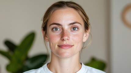 Woman portrait indoors, natural light, casual wear, relaxed expression. Possible use Social media profile image, blog post, website header