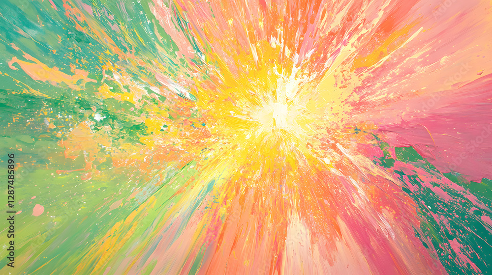 Poster vibrant abstract painting showcasing a dynamic explosion of bright colors in various patterns and sh