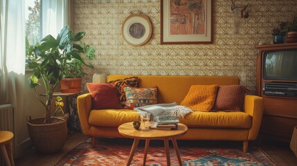 A cozy living room featuring a yellow sofa, decorative cushions, a coffee table, and a vintage television amidst plants and patterned decor.