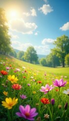 Sun-drenched spring meadow, vibrant wildflowers blooming, cheerful, rays, tranquil