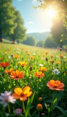 Sun-drenched spring meadow, vibrant wildflowers blooming, serene, spring meadow