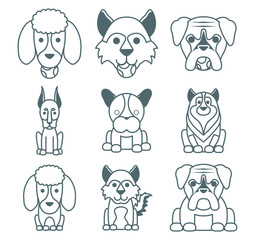 Set of vector icons of dogs with white background on black lines