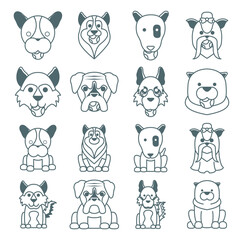 Set of vector icons of dogs with white background on black lines