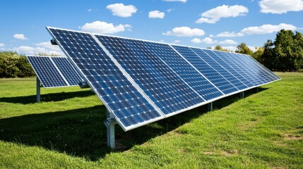 Solar Panels in a Green Field Under Bright Blue Sky with Fluffy White Clouds