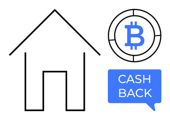 House outline, Bitcoin coin in circle, blue Cash Back speech bubble. Ideal for real estate, cryptocurrency rewards, finance, home buying, blockchain investing customer incentives. Modern abstract