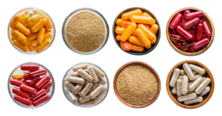 Assorted Dietary Supplements in Bowls with Various Colors and Textures, isolated on transparent background