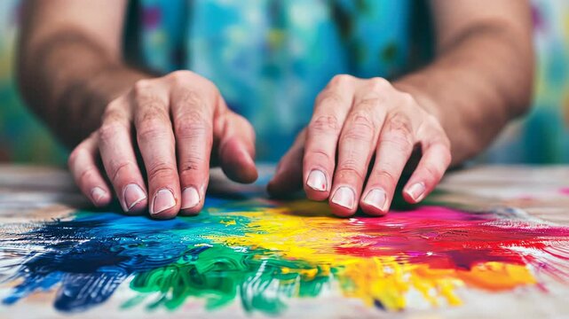 Hands Resting on Colorful Abstract Painting Surface, Conveying Strength and Creativity Despite Muscular Dystrophy, Emphasizing the Vibrancy and Passion Behind Artistic Expression in Adversity