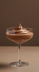 Chocolate mousse served as a creamy swirl in a coupe glass muted mocha brown color on a muted mocha color background.