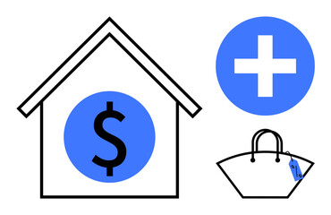 House with dollar sign, healthcare cross, and shopping bag with price tag. Ideal for finance, real estate, healthcare, shopping, consumer spending budgeting economic growth. Abstract line flat