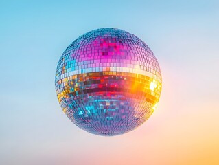 Outdoor disco mirror ball reflecting sunlight in a clear blue sky during a daytime event or celebration