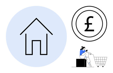 House within blue circle, single pound coin, person with laptop in shopping cart. Ideal for finance, real estate, e-commerce, technology, online shopping home economics digital transactions. Simple