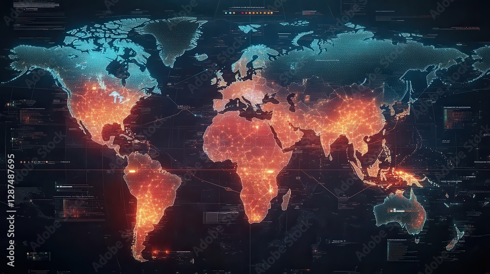 Poster a vibrant digital map of the world, showcasing global data visualization with fiery colors indicatin