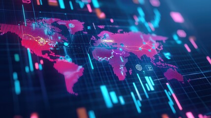 A vibrant digital world map with glowing pink and blue elements, showcasing data visualization and global connectivity.