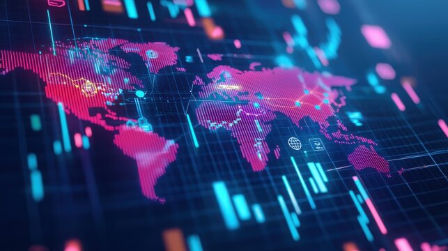 A vibrant digital world map with glowing pink and blue elements, showcasing data visualization and global connectivity.