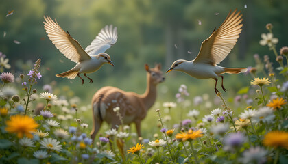 Two Birds in Flight Over a Colorful Flower Field with a Deer in the Background, Capturing the Beauty of Nature's Harmony