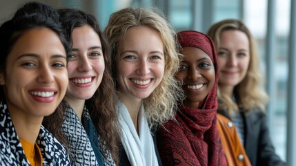 Fototapeta premium A diverse group of five smiling women, showcasing joy and unity, standing together in a bright, modern setting.