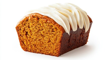 Freshly baked pumpkin bread loaf with thick cream cheese frosting spread, cozy autumn vibes, high-resolution photography, isolated on white background