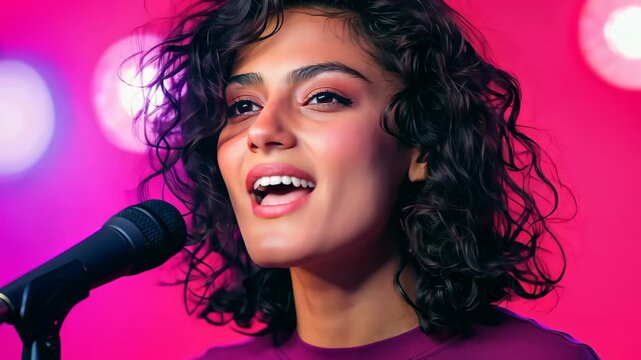 Nonbinary Middle Eastern Descent Performer Singing on Stage with Vibrant Pink and Purple Background