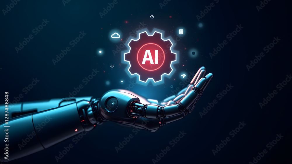 Poster a robotic hand holding a glowing ai gear hologram, surrounded by icons for cloud computing, chatbots