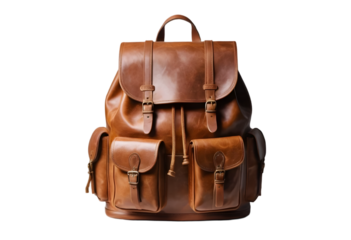 Vintage Leather Backpack, Full View, Isolated on Transparent Background, Classic Travel Bag
