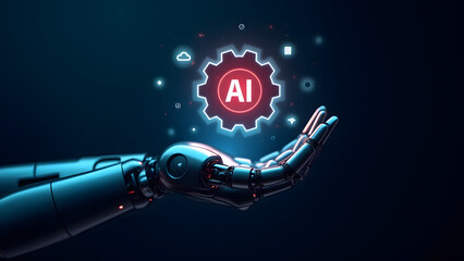 A robotic hand holding a glowing AI gear hologram, surrounded by icons for cloud computing, chatbots, and analytics, symbolizing AI-powered robotics and innovation.