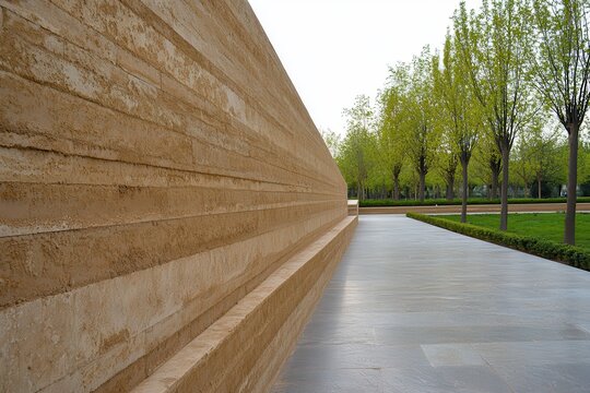 Rammed earth wall beside paved path. Ideal for architecture, landscaping, and sustainable design projects.