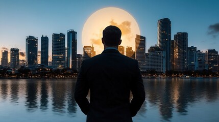 Businessman Silhouette Against Urban Skyline at Sunset Reflection