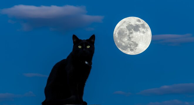 Black Cat Gazing at Full Moon Under Blue Cloudy Night Sky