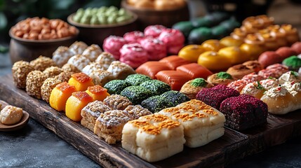 A vibrant assortment of colorful desserts displayed on a wooden platter, set against a blurred background of sweets