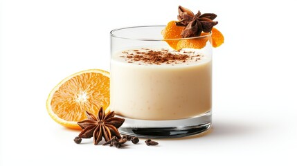 Thanksgiving cocktail with eggnog base, garnished with star anise and orange peel, realistic photography style, isolated on white background