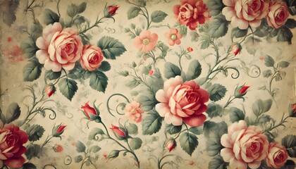 A vintage love-themed wallpaper with a faded, romantic floral pattern. Red and pink roses are delicately intertwined with green vines and leaves, set against a muted cream-colored background