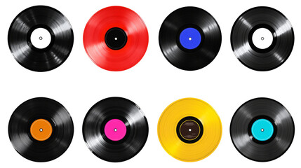 Colorful vinyl records on transparency background png format music collection studio environment top-view concept