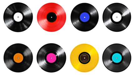 Colorful vinyl records on transparency background png format music collection studio environment top-view concept