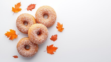 Thanksgiving dessert scene, assortment of apple cider donuts with fall leaves, warm color palette, cozy holiday aesthetic, isolated on white background
