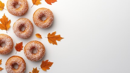 Thanksgiving dessert scene, assortment of apple cider donuts with fall leaves, warm color palette, cozy holiday aesthetic, isolated on white background